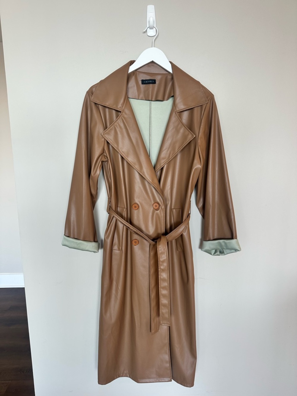 Women's Faux Leather Trench Coat in Caramel with Belt